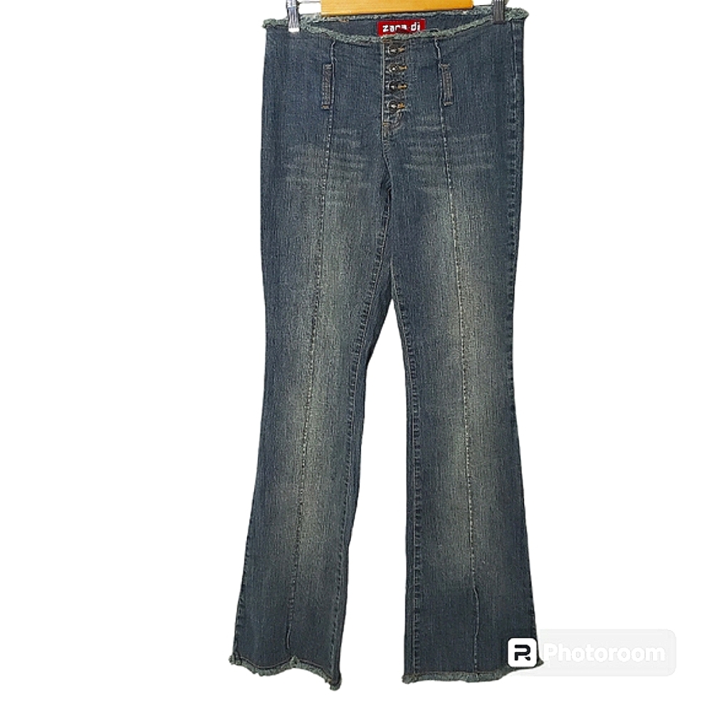 Vtg Zana Di Womens Jeans Fringe Seam Denim Flare Wide Leg Sz 9 90's Y2k Boho